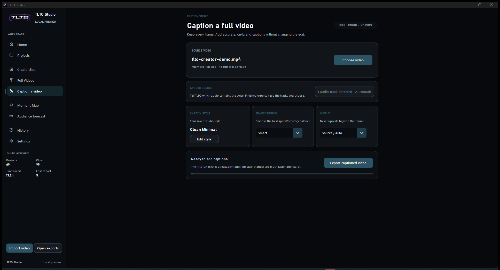 The current TLTO Studio Caption a Video workspace with speech source, style, transcription and output controls