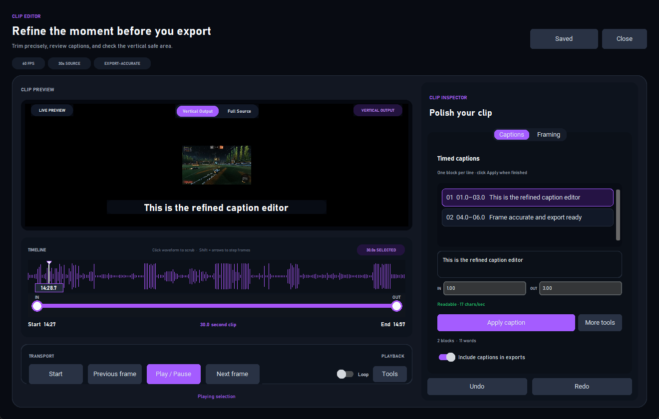 TLTO Studio clip editor with vertical preview, waveform timeline and timed caption controls