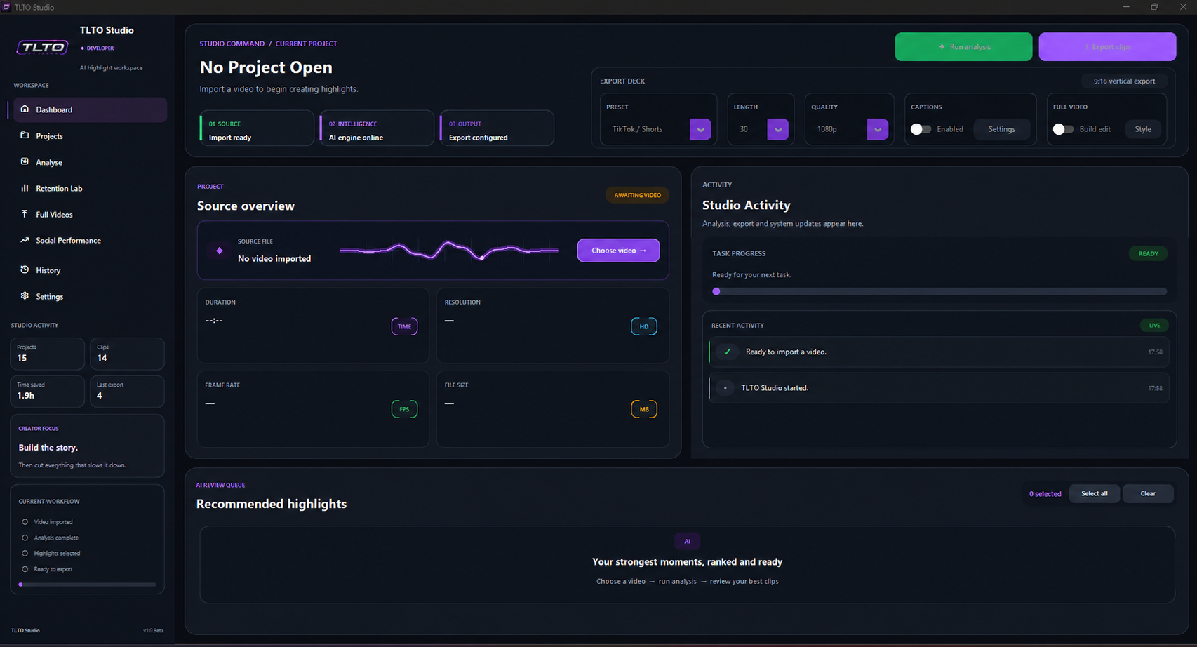 TLTO Studio dashboard showing the guided workflow, export settings, project overview and AI review queue